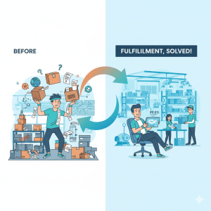 Business owner moving from logistics complexity to EOS clarity in a fulfillment systems illustration.