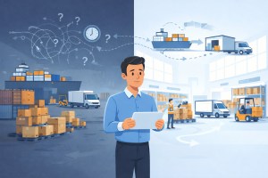 Illustration of an importer reviewing supply chain operations, with global shipping on one side and organized U.S. warehouse fulfillment on the other, showing cross-border logistics execution.