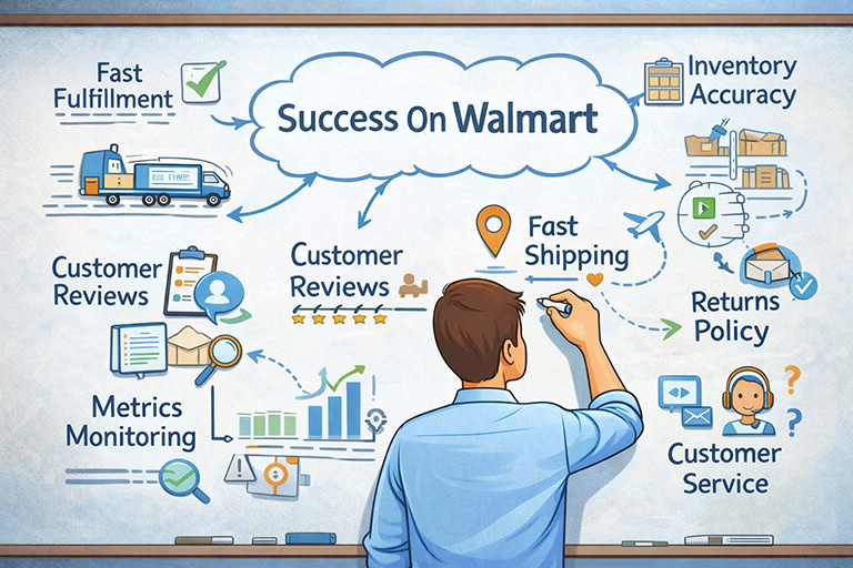 Illustration showing stable Walmart Marketplace fulfillment with accurate inventory, fast order routing, and system-driven execution