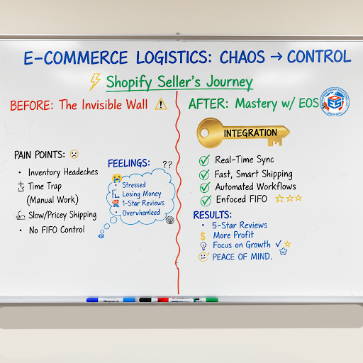 Chalkboard illustration showing Shopify ecommerce logistics moving from operational chaos to fulfillment control through EOS WMS integration