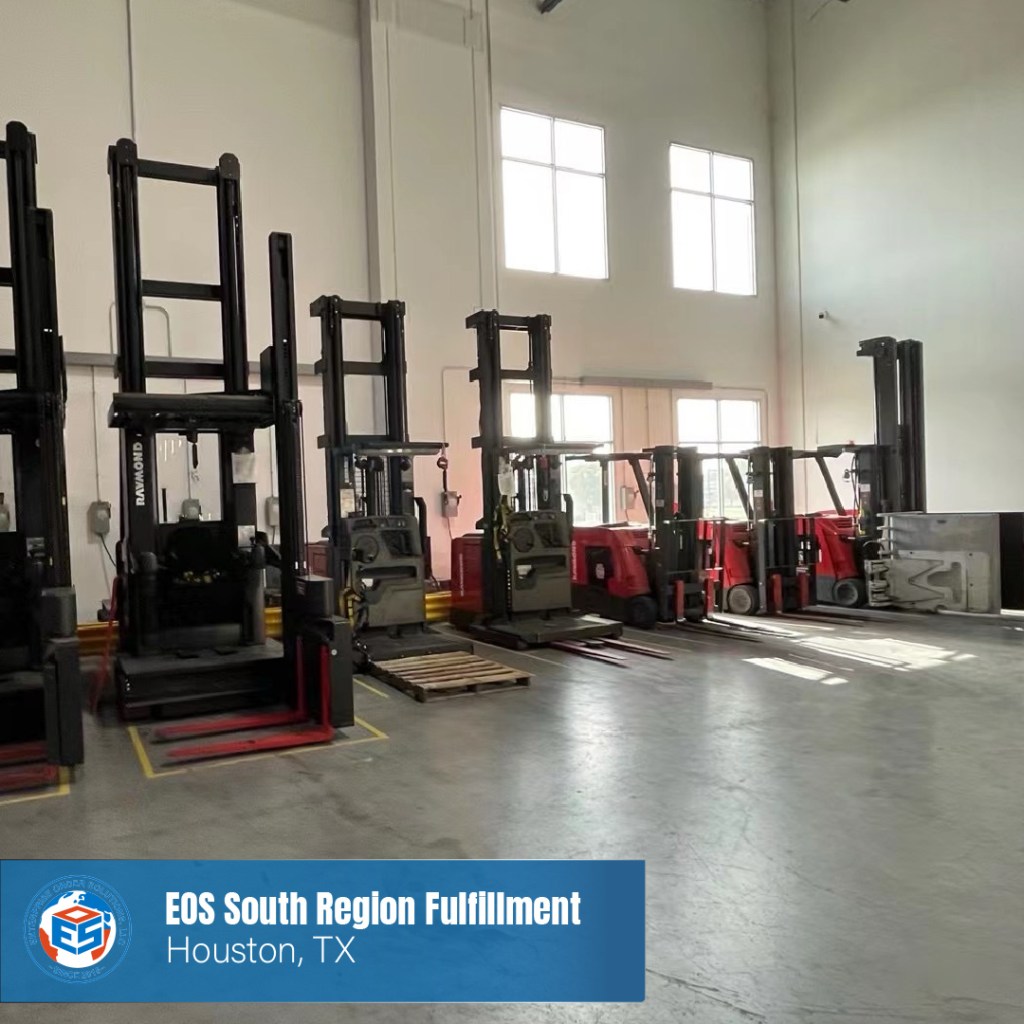 Warehouse forklifts, including reach trucks, clampers, and standard forklifts, charge at the EOS South Region Fulfillment Center in Houston, Texas.