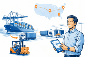 drayage truck delivering shipping container to warehouse receiving dock for unloading