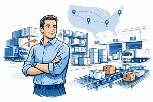 Predictable U.S. fulfillment illustration showing an importer overseeing structured warehouse execution and scalable 3PL operations for goods imported into the United States.