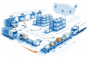 Importer Article 3 supporting image showing a supported logistics operation for importers partnering with EOS, with a map representing nationwide fulfillment.