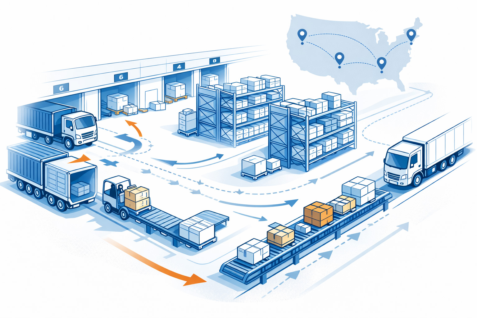 Illustration showing a smooth U.S. fulfillment workflow for importers, with inventory flowing from inbound receiving through warehouse storage to outbound order fulfillment.