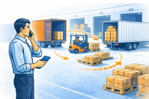 Transload and crossdock warehouse operations at a container receiving warehouse with freight being unloaded, staged, and prepared for the next move