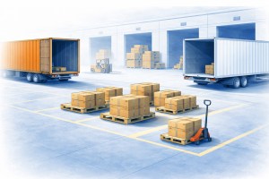 Warehouse handoff gap in transload and crossdock operations with freight stalled between container receiving and outbound movement