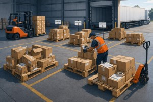Mixed freight and partial pallets in a warehouse handoff zone causing transload and crossdock delays before outbound shipment. An outbound freight truck has arrived and pallets are not ready.