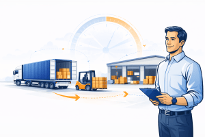 Freight forwarder overseeing container receiving, drayage unloading, and warehouse dock operations with forklift and staged freight