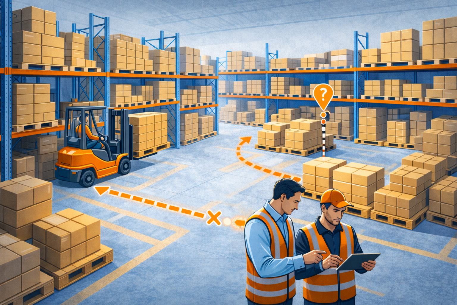 Warehouse manager and operations manager reviewing inventory readiness issues inside a warehouse storage and distribution environment