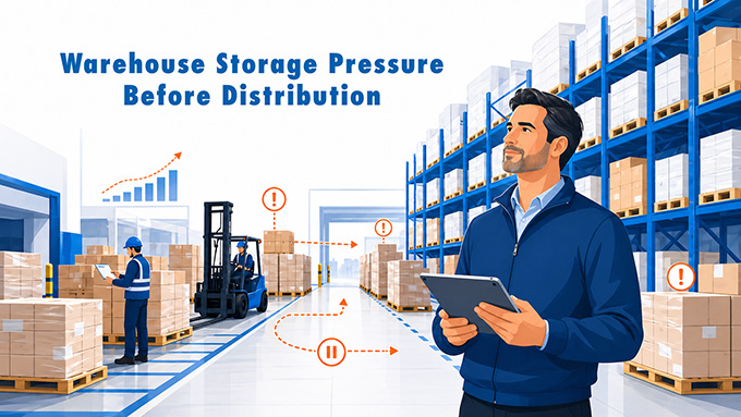 Warehouse operator staying calm while inventory storage issues and distribution pressure build in the background