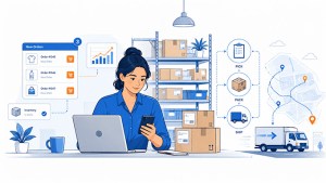 Ecommerce fulfillment services illustration showing warehouse inventory moving through picking, packing, shipping, and customer delivery.