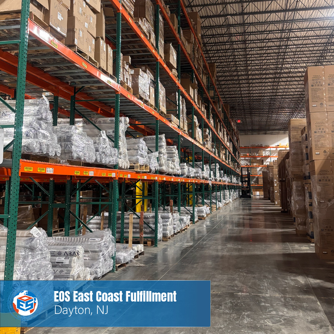 Inventory on racks inside EOS Northeast Region Warehouse in Dayton New Jersey.