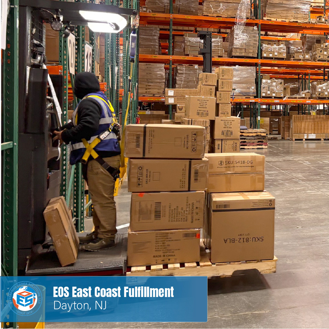 EOS Northeast fulfillment employee picking inventory inside the Dayton New Jersey warehouse.
