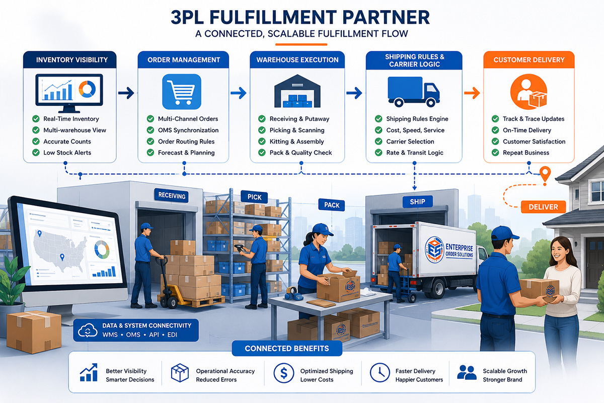 3PL fulfillment partner workflow showing inventory visibility, order management, warehouse execution, TMS shipping logic, and ecommerce customer delivery