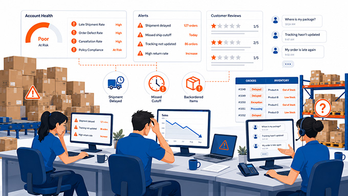 Ecommerce fulfillment problems showing declining account health, delayed shipments, inventory issues, poor reviews, and customer messages asking where is my package
