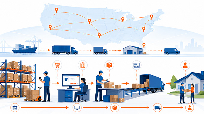 Ecommerce fulfillment services illustration showing inventory storage, order processing, picking, packing, shipping, and customer delivery.