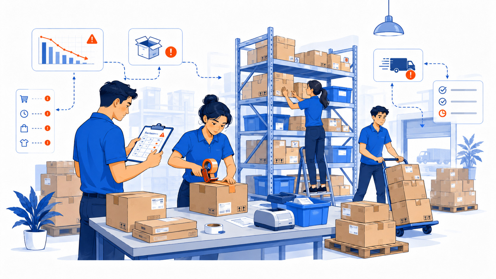 Multichannel ecommerce fulfillment illustration showing marketplace order pressure, shipping requirements, tracking updates, and warehouse execution complexity