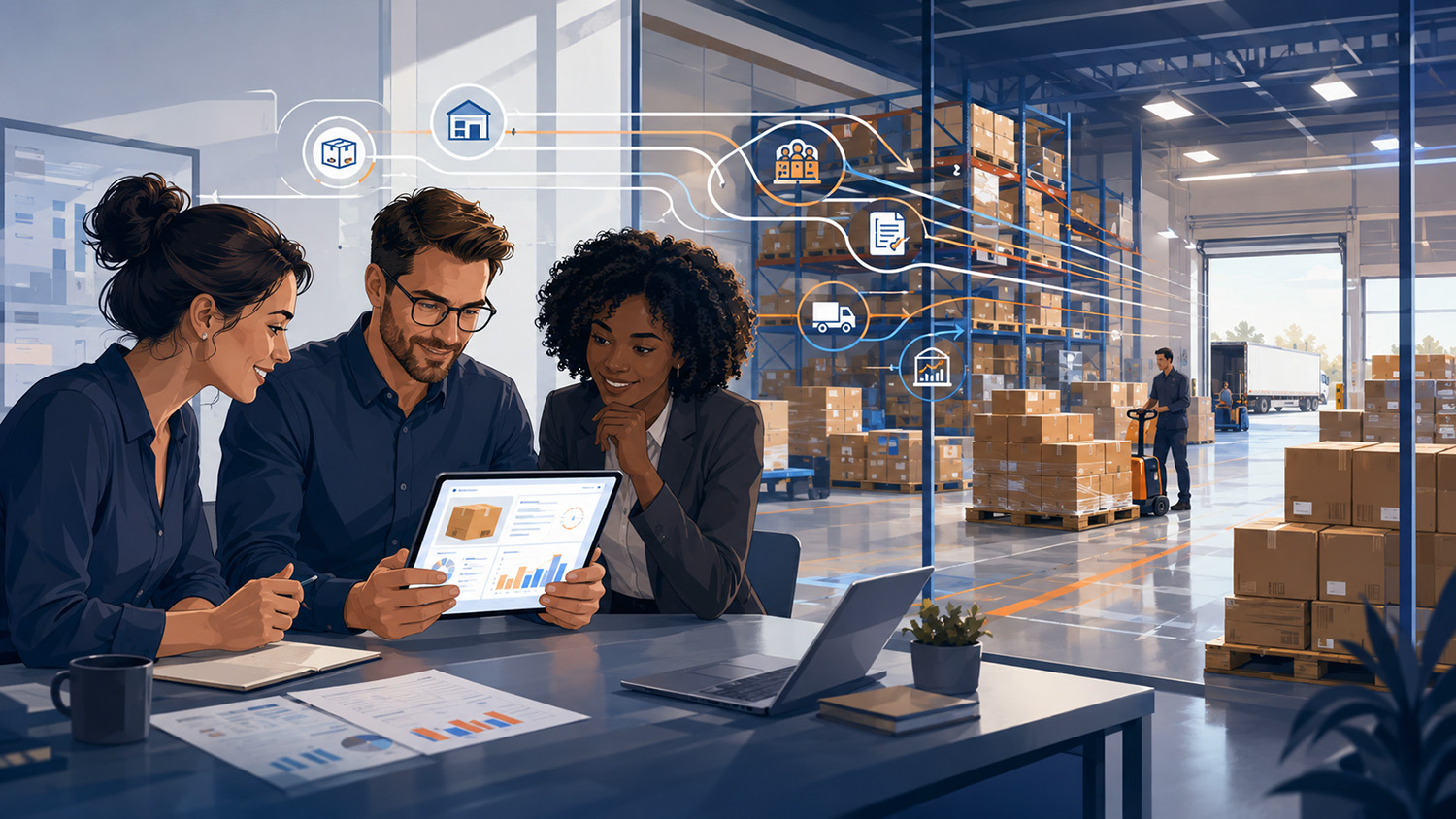 B2B fulfillment services workflow showing a growing brand preparing wholesale orders, cartons, pallets, buyer requirements, and warehouse distribution.