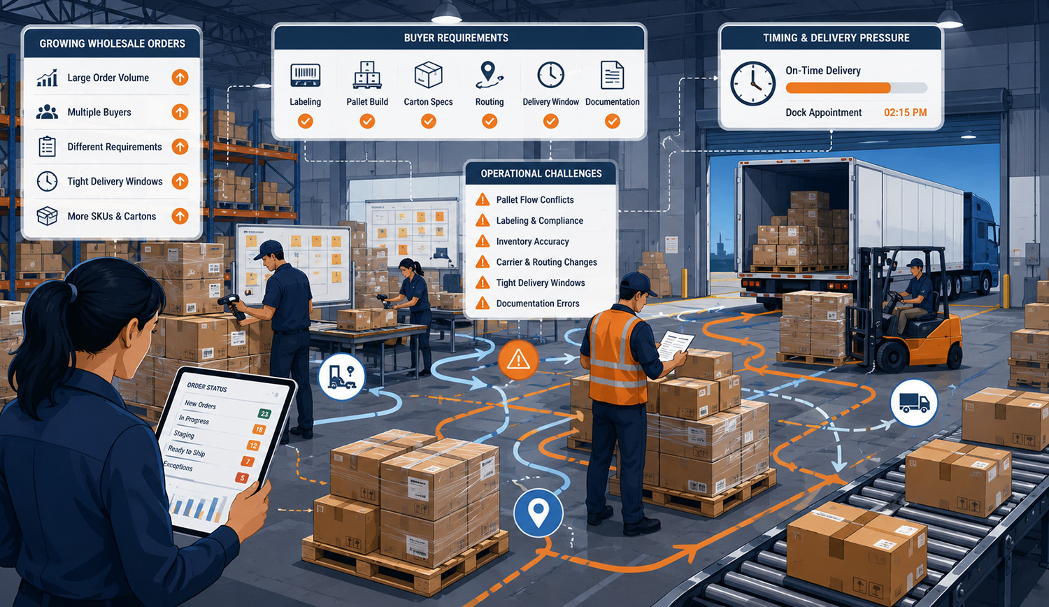 Wholesale fulfillment problems showing pallet flow, buyer requirements, labeling, delivery timing, freight coordination, and warehouse distribution pressure.
