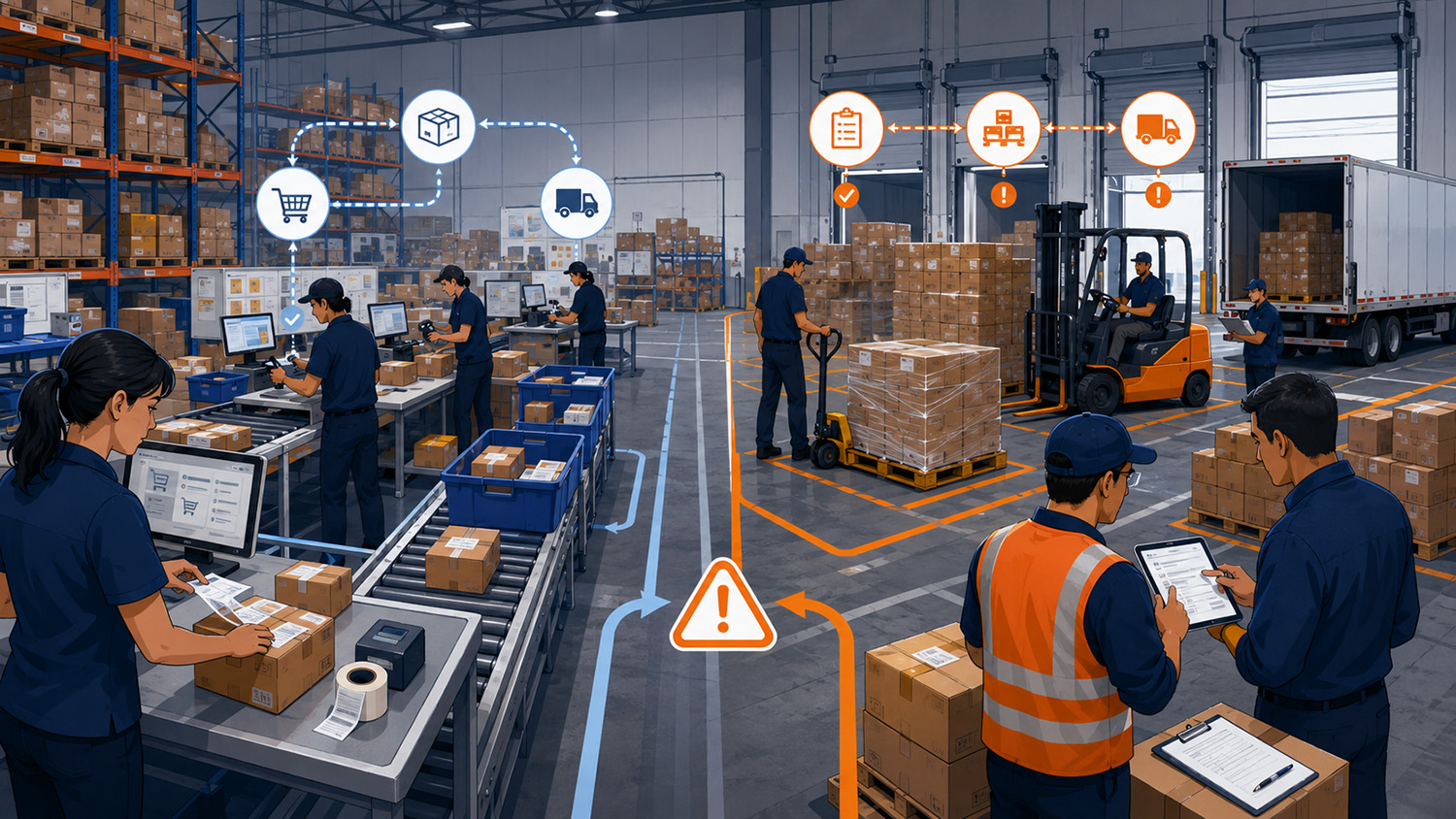 Wholesale fulfillment problems showing parcel orders, B2B fulfillment, pallet staging, carton preparation, and distribution pressure