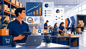 Amazon and marketplace seller reviewing growing order flow with organized fulfillment activity in an EOS editorial vector warehouse scene.