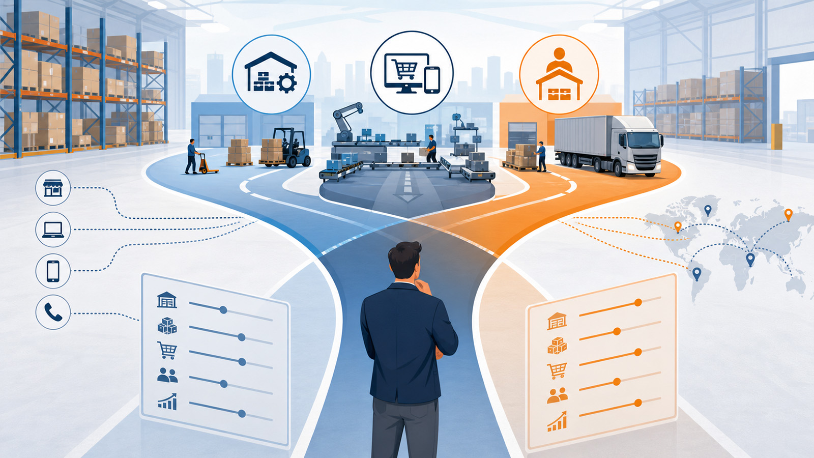Business leader comparing warehouse management system models for company-operated, ecommerce-oriented, and 3PL-managed operations