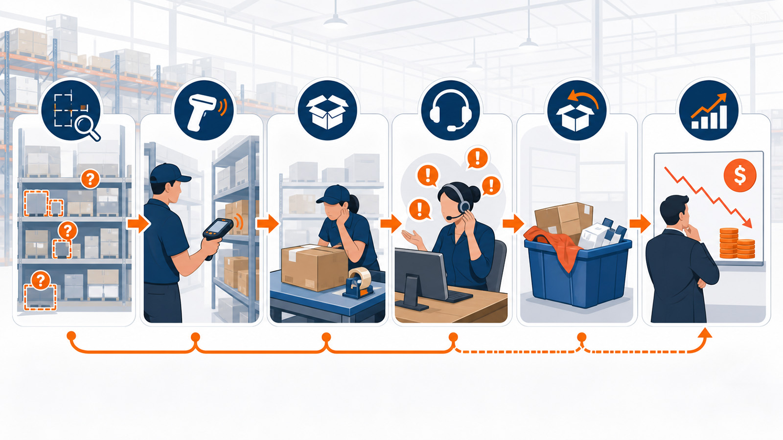 WMS visibility gap spreading from uncertain inventory location into manual checks, order delays, customer pressure, returns, and business cost.