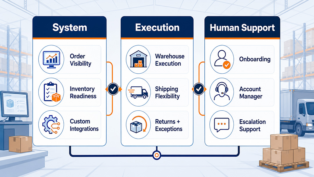 3PL OMS and WMS evaluation model comparing system visibility, warehouse execution, integration support, shipping flexibility, and account management.