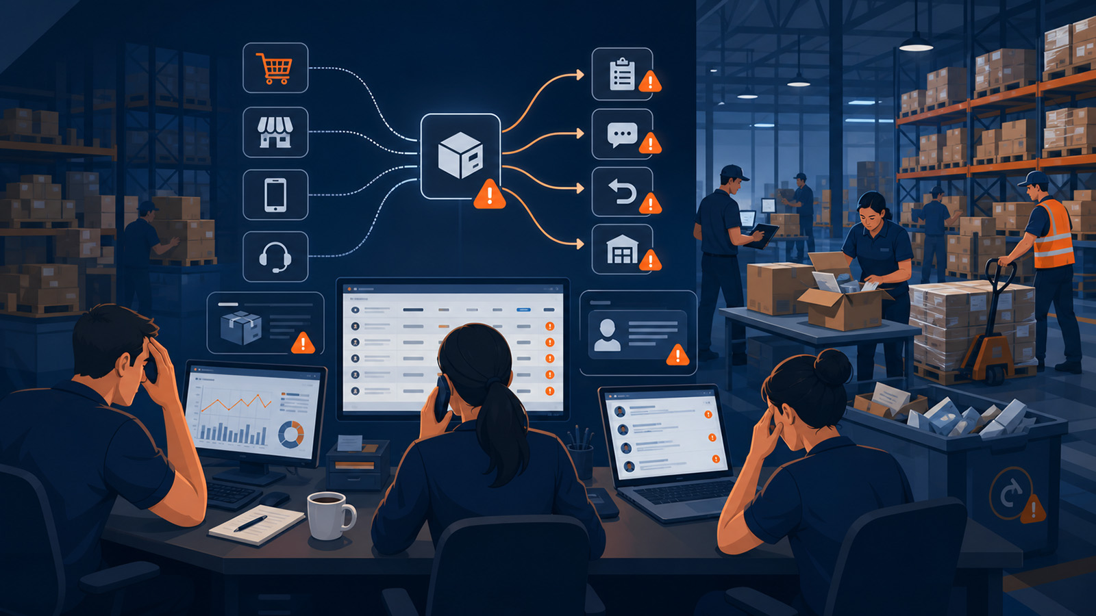 Growing ecommerce order management workflow under pressure from sales channels, inventory allocation, API and EDI requirements, returns, and fulfillment delays
