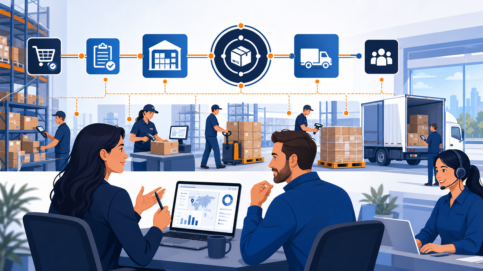 Connected 3PL fulfillment model showing OMS order visibility, WMS warehouse execution, shipping coordination, and account support working together