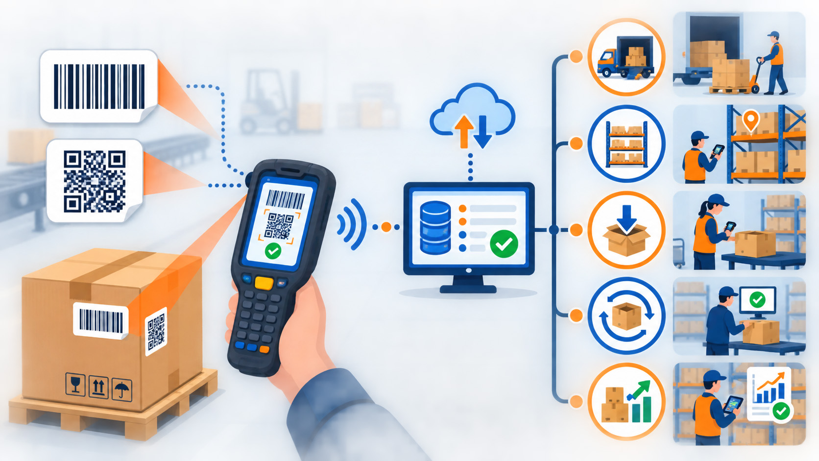 Warehouse barcode scanning workflow showing 1D and 2D labels updating inventory records and warehouse tasks.