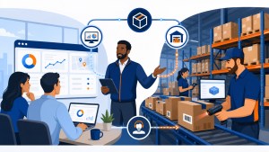 3PL warehouse scanning system connecting inventory visibility, barcode scans, account support, and fulfillment execution.