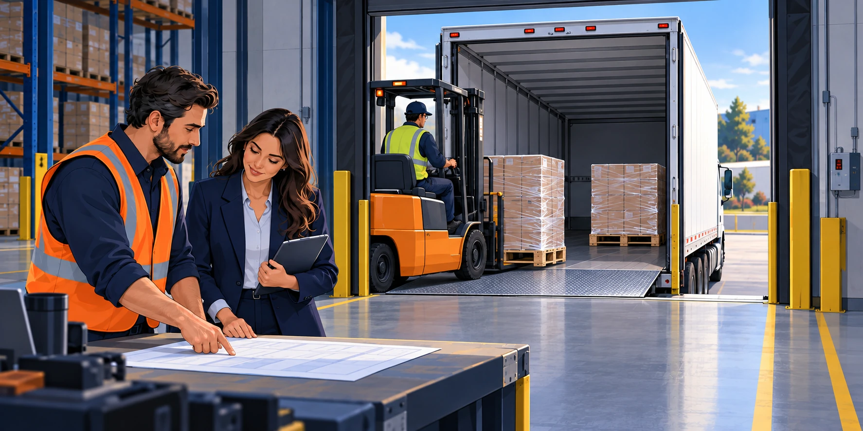 Logistics lead and account manager planning a two-pallet LTL shipment as a forklift crosses a dock plate into the trailer