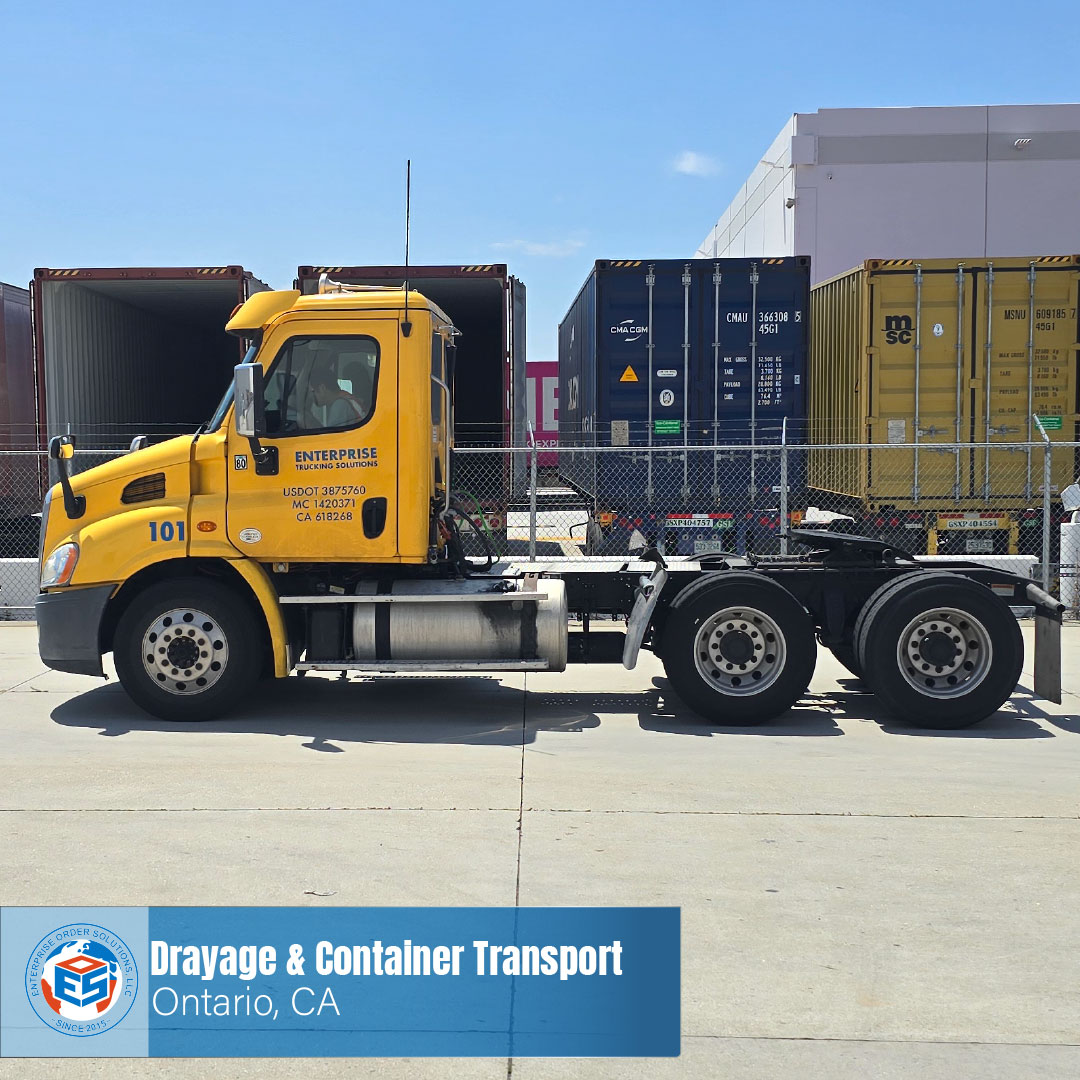 Yellow ETS tractor with a Drayage & Container Transport — Ontario, CA banner.