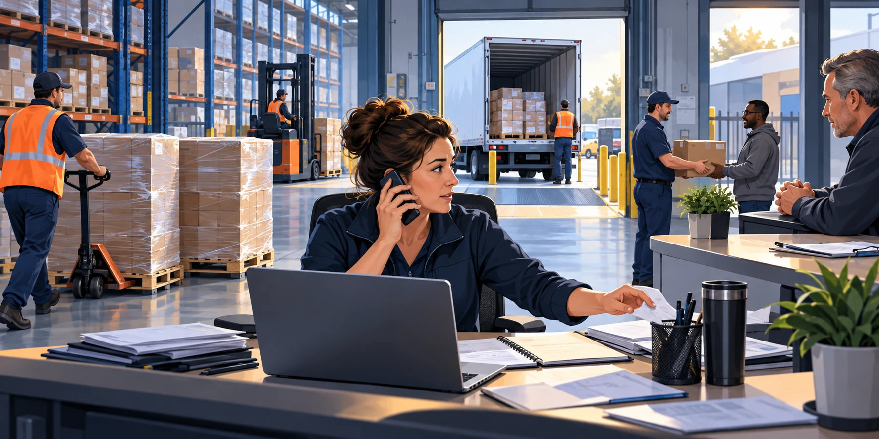 Logistics manager coordinating warehouse pallets, a truck pickup, and customer requests during a busy shipping day