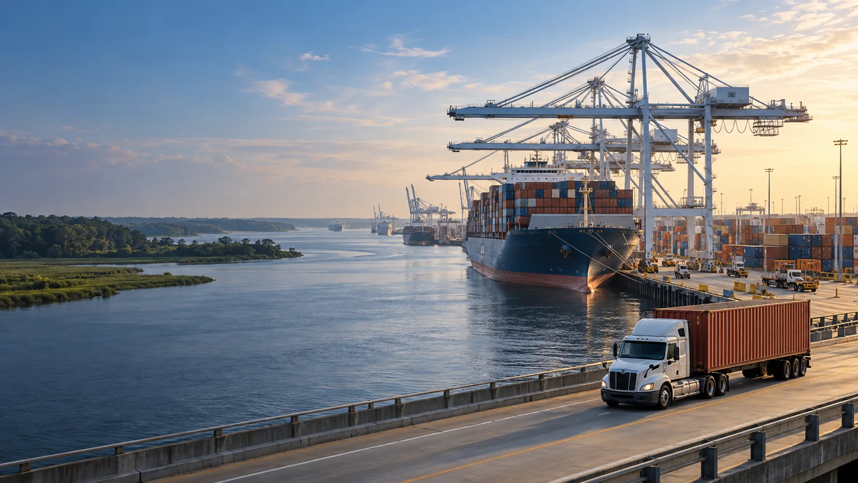 Illustration of port cranes, a container ship and drayage transport