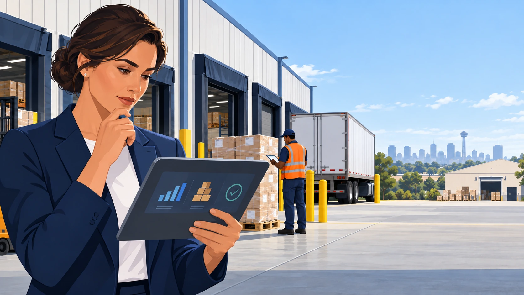 Operations leader reviews inventory information beside received pallets and a freight trailer at a warehouse dock.